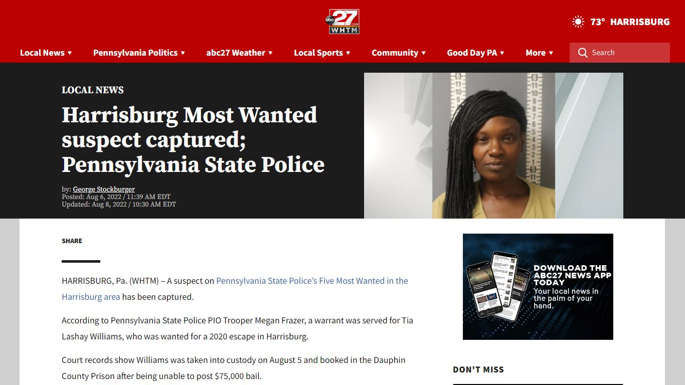 Harrisburg Most Wanted suspect captured; Pennsylvania State Police